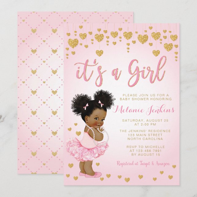 Pink Gold African American Baby Shower Invitation (Front/Back)