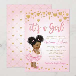 Pink Gold African American Baby Shower Invitation