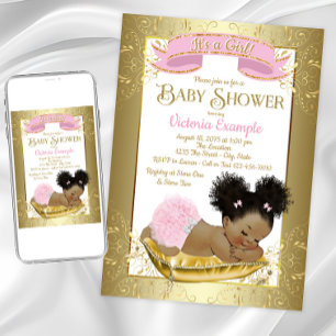 Pink Gold African American Baby Shower Invitations