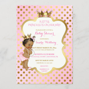 Pink & Gold African American Princess Baby Girl Invitation