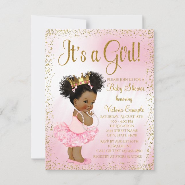Pink Gold African American Princess Baby Shower Invitation (Front)