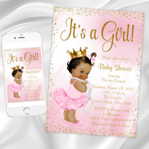 Pink Gold African American Princess Baby Shower Invitation