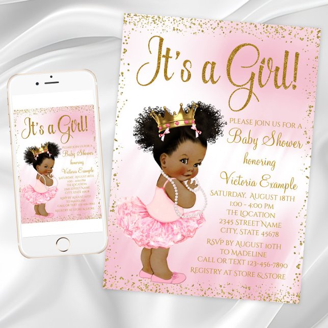Pink Gold African American Princess Baby Shower Invitation (Pink Gold African American Princess Baby Shower Invitation with cute baby girl with afro hair.)