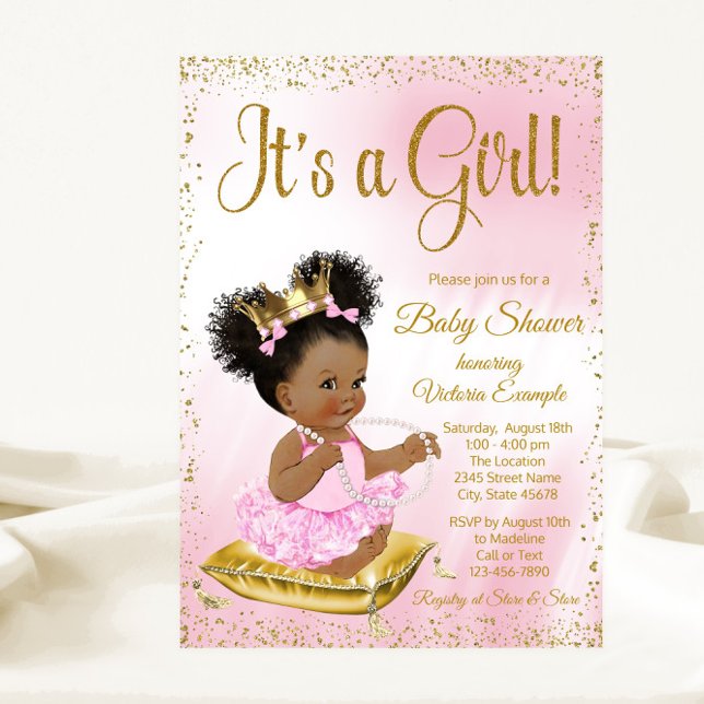 Pink Gold African American Princess Baby Shower Invitation (Adorable pink and gold princess baby shower invitation. Simply add your event details.)