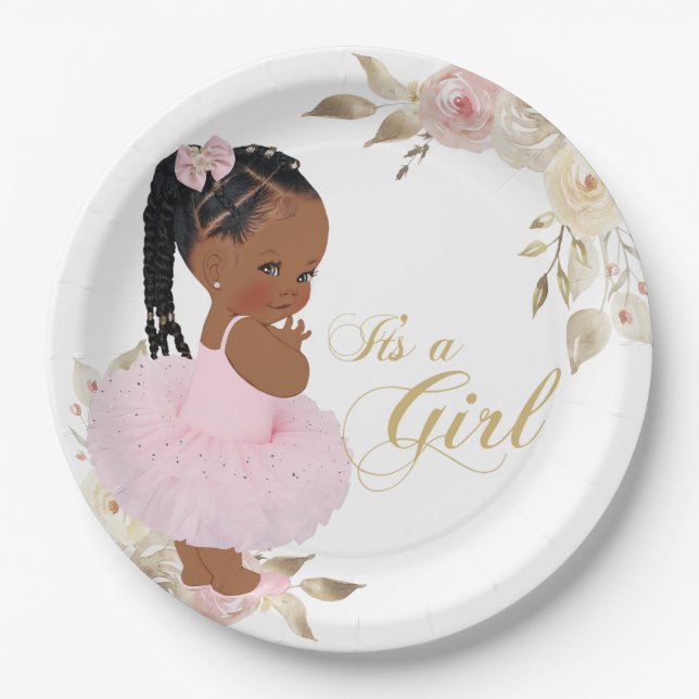 Pink Gold African Girl Baby Shower Paper Plate (Front)