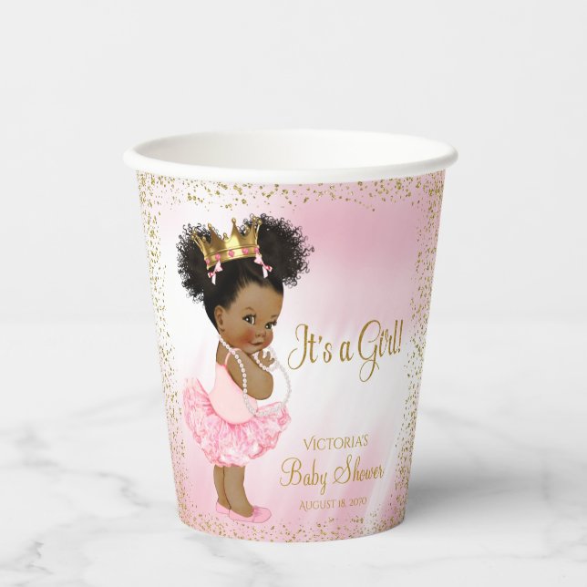 Pink Gold African Princess Baby Shower Paper Cups (Front)