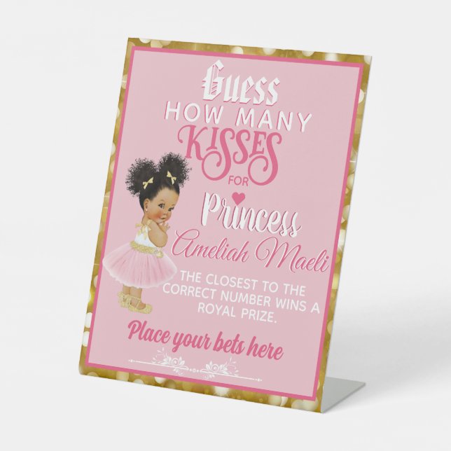 Pink & Gold Afro Ballerina| How Many Kisses Game Pedestal Sign (Front)