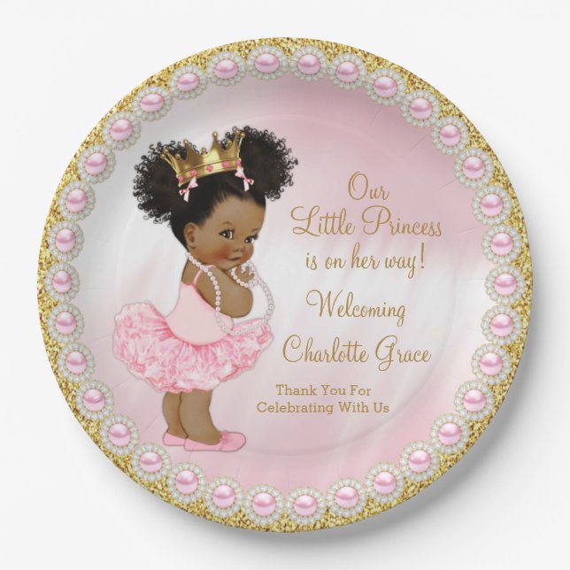 Pink Gold Afro Princess Baby Shower Paper Plates (Front)