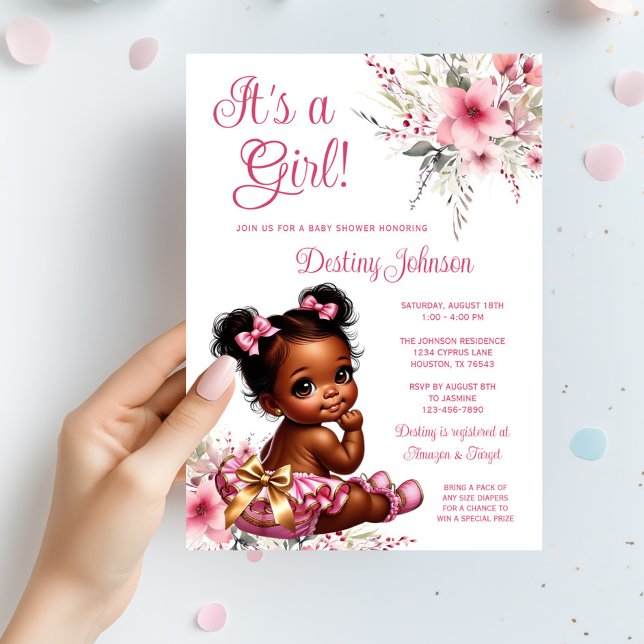 Pink Gold Afro Puff Ruffle Pant Girl Baby Shower Invitation (Pink gold afro puff baby girl with pink and gold ruffle pants and wildflowers. So cute!)