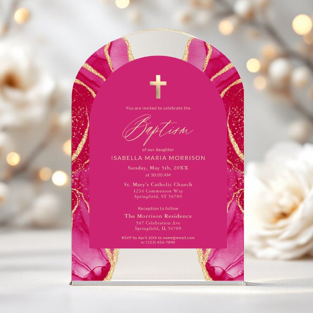 Pink Gold Agate Baptism Feminine Modern Elegant Acrylic Invitations (Creator Uploaded)
