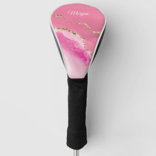 Pink & Gold Agate, DIY Name White Script Golf Head Cover