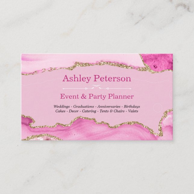 Pink & Gold Agate Faux Glitter Business Card (Front)