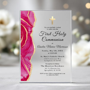 Pink Gold Agate First Holy Communion Girl Acrylic Invitations