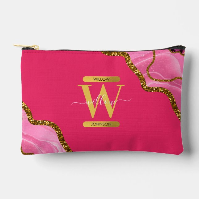 Pink & Gold Agate Geode Glitter Monogram Accessory Pouch (Front)