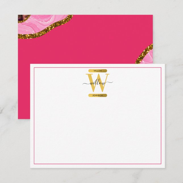 Pink & Gold Agate Geode Glitter Monogram Card (Front/Back)
