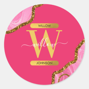 Pink & Gold Agate Geode Glitter Monogram Classic Round Sticker