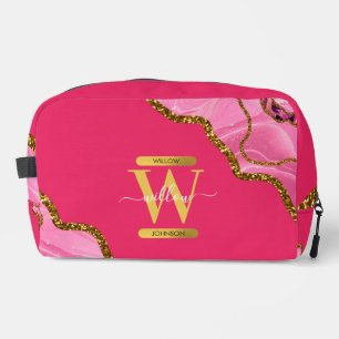Pink & Gold Agate Geode Glitter Monogram Dopp Kit