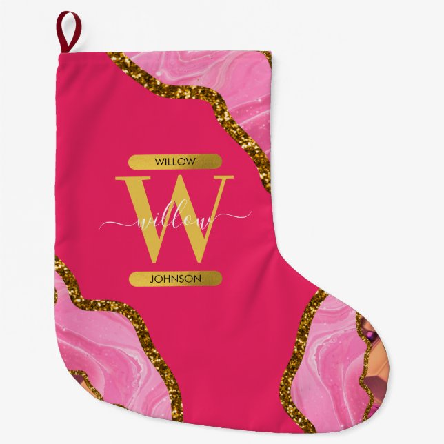 Pink & Gold Agate Geode Glitter Monogram Large Christmas Stocking (Front)