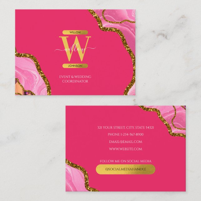 Pink & Gold Agate Geode Glitter Monogram Marble  Business Card (Front/Back)