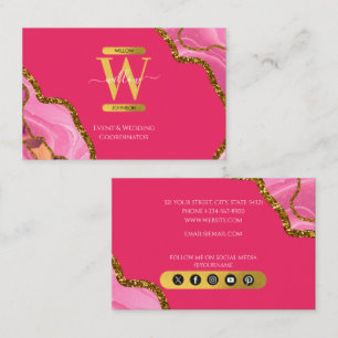 Pink & Gold Agate Geode Glitter Monogram Marble Business Card