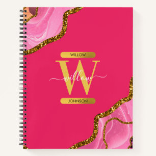 Pink & Gold Agate Geode Glitter Monogram Notebook