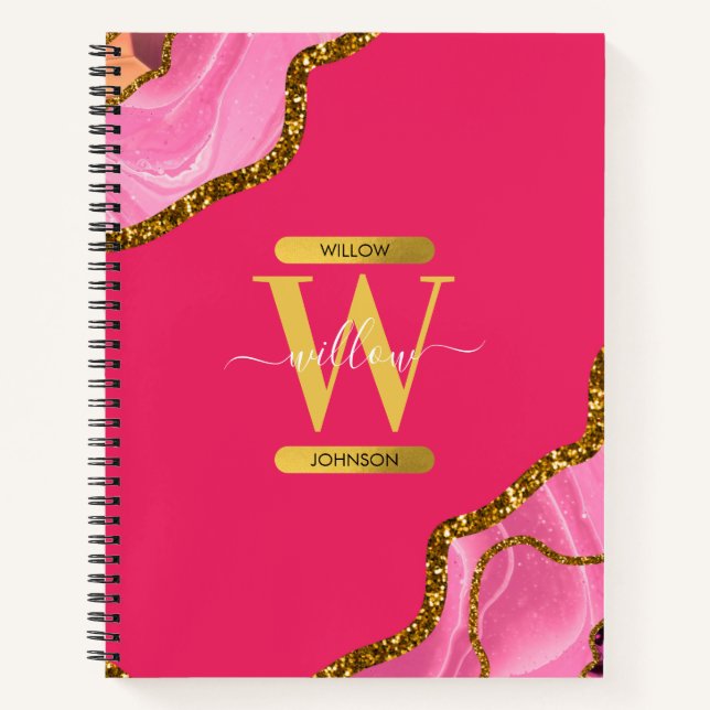 Pink & Gold Agate Geode Glitter Monogram Notebook (Front)