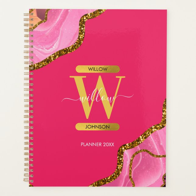 Pink & Gold Agate Geode Glitter Monogram  Planner (Front)