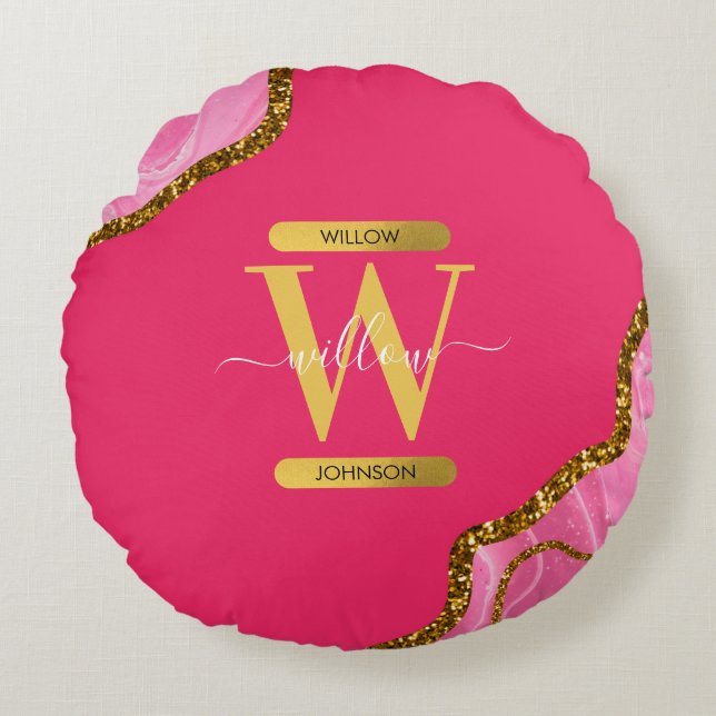 Pink & Gold Agate Geode Glitter Monogram Round Cushion (Front)
