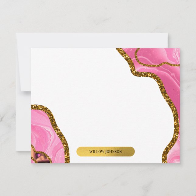 Pink & Gold Agate Geode Glitter Stationery Card (Front)