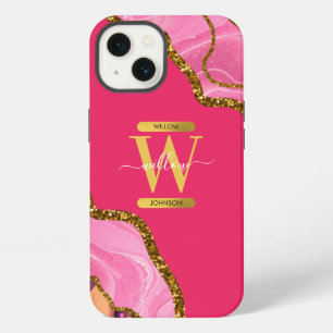 Pink & Gold Agate Geode Monogram iPhone 13 Case