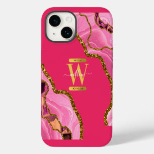 Pink & Gold Agate Geode Monogram iPhone 14 Case