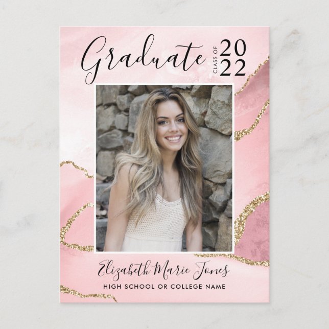 Pink Gold Agate Glitter Graduate Photo Graduation  Postcard (Front)