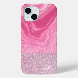 Pink Gold Agate Glitter Monogram iPhone 15 Case