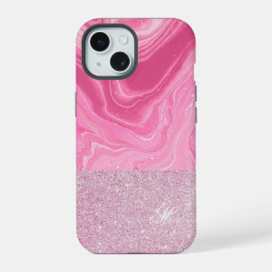 Pink Gold Agate Glitter Monogram iPhone 15 Case