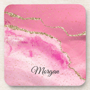 Pink & Gold Agate & Gold Stars, DIY Name Black Coaster