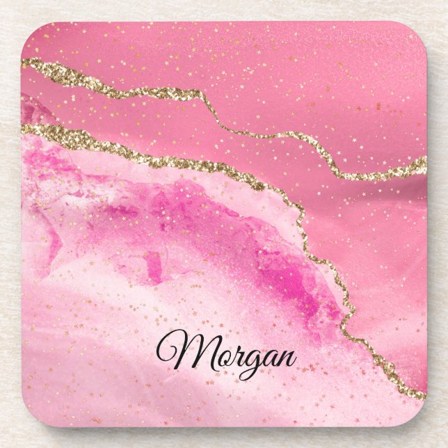 Pink & Gold Agate & Gold Stars, DIY Name Black Coaster (Front)
