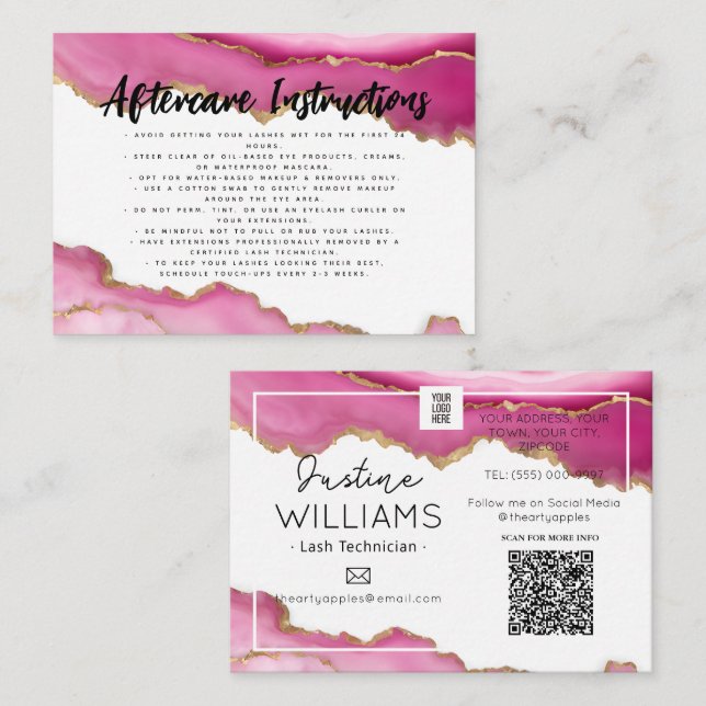 pink gold agate Lash Eyelash Extensions aftercare Business Card (Front/Back)
