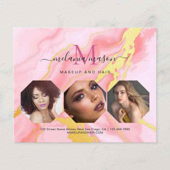 Pink Gold Agate Makeup Artist Photo Watercolor Flyer (Front)