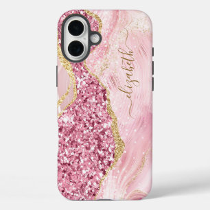 Pink Gold Agate Marble Name Script iPhone 16 Plus Case