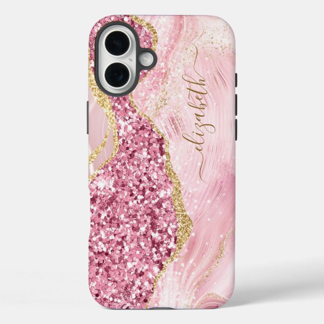 Pink Gold Agate Marble Name Script Case-Mate iPhone Case (Back)