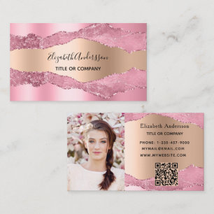 Pink gold agate marble QR code photo Business Card