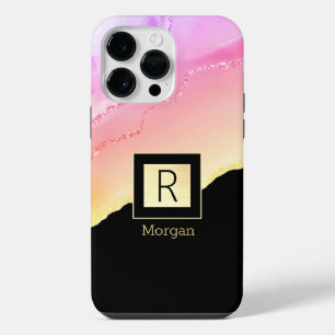 Pink & Gold Agate Name & Monogram Black & Gold Box iPhone 14 Pro Max Case