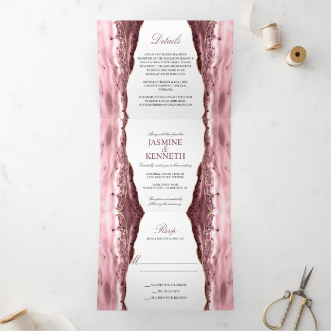 Pink & Gold Agate on White Wedding Tri-Fold Invitation (Inside)