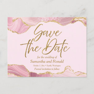 Pink & Gold Agate Save the Date Announcement Postcard