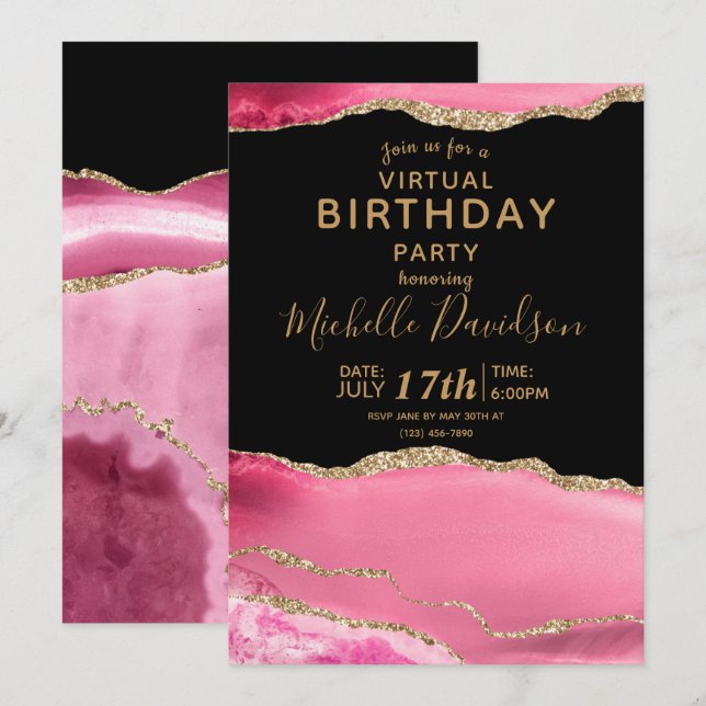 Pink & Gold Agate Virtual Birthday  Invitation (Front/Back)