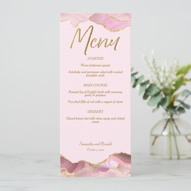 Pink & Gold Agate Wedding Menu Card (Standing Front)