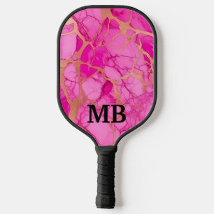 Pink Gold Alcohol Ink Marble Monogram Initials Pickleball Paddle
