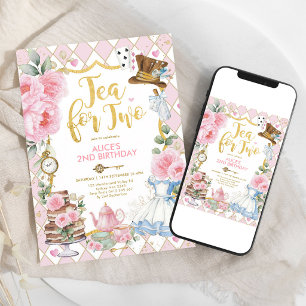 Pink Gold Alice Tea Party 2nd Birthday Invitation