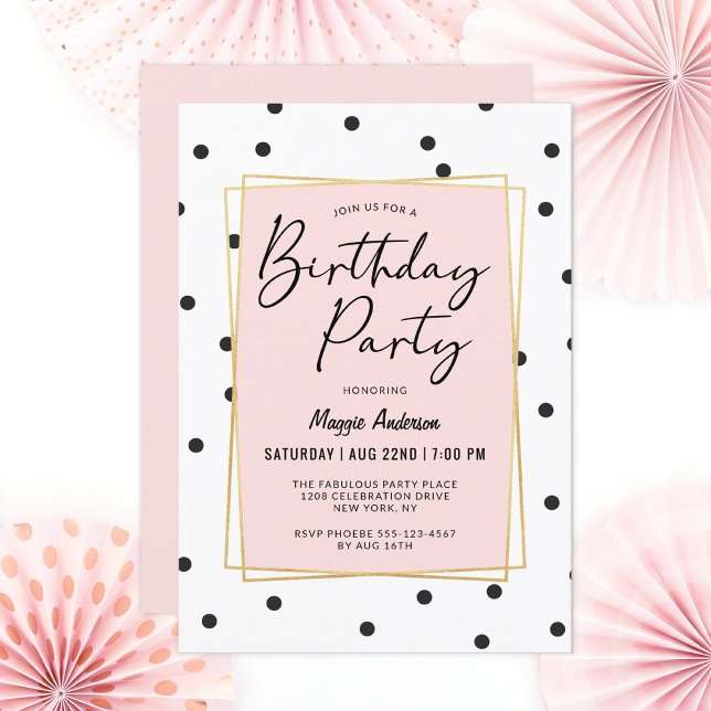 Pink Gold and Black Confetti Dots Birthday Party Invitation (Creator Uploaded)