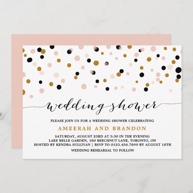Pink, Gold and Black Confetti Dots Wedding Shower Invitation (Front/Back)